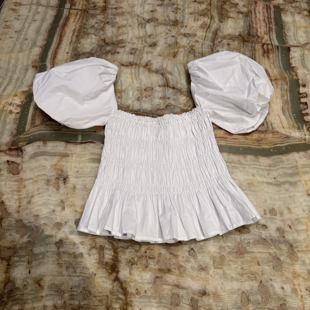 ASTR The Label White Smocked Puff Sleeve Peplum‎ Blouse Top Women's XS